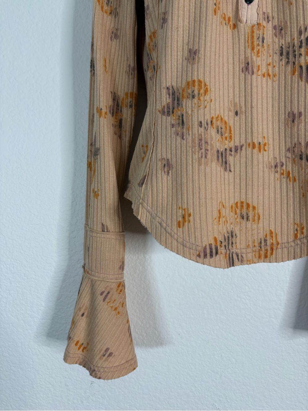 Free People Layer Me Long Sleeve Ribbed Henley Floral Medium Peach Boho - Picture 4 of 15
